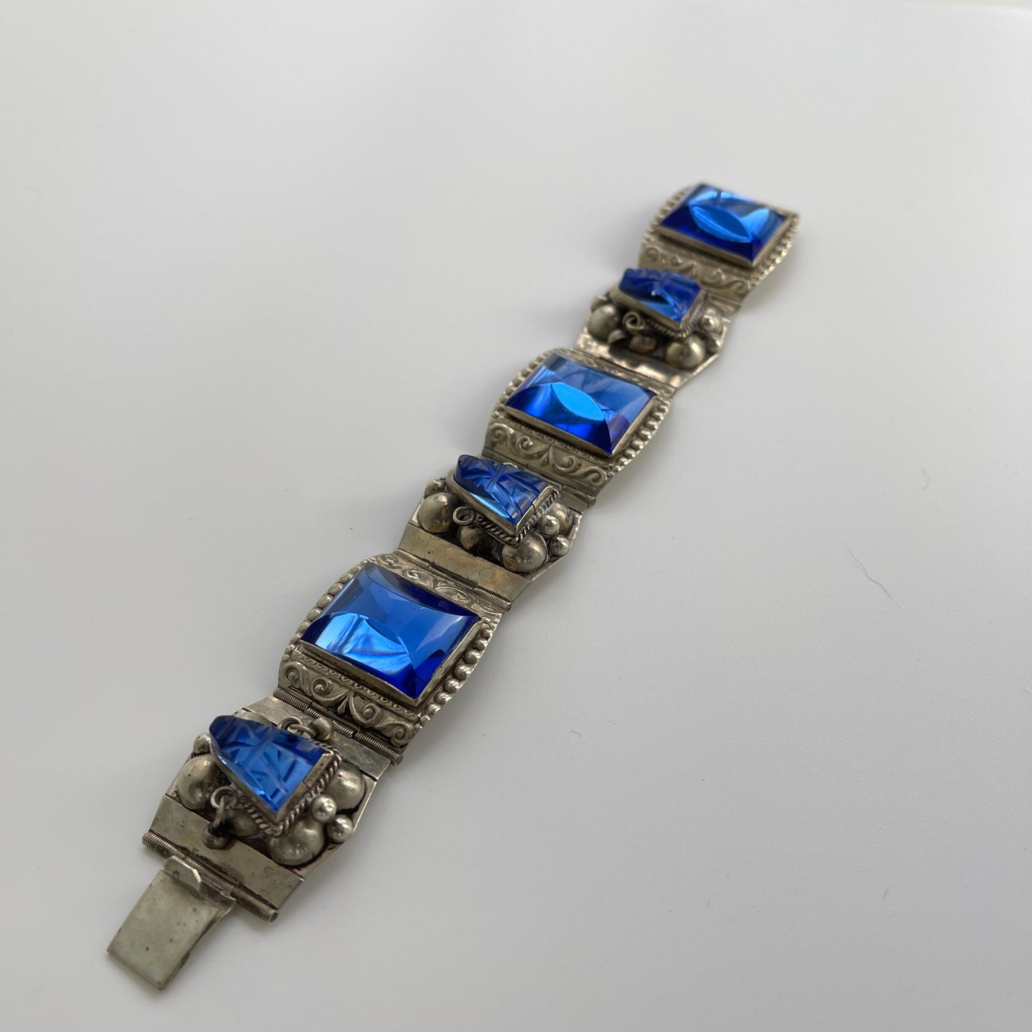 Vintage Mexico Sterling and Blue Glass Panel Bracelet