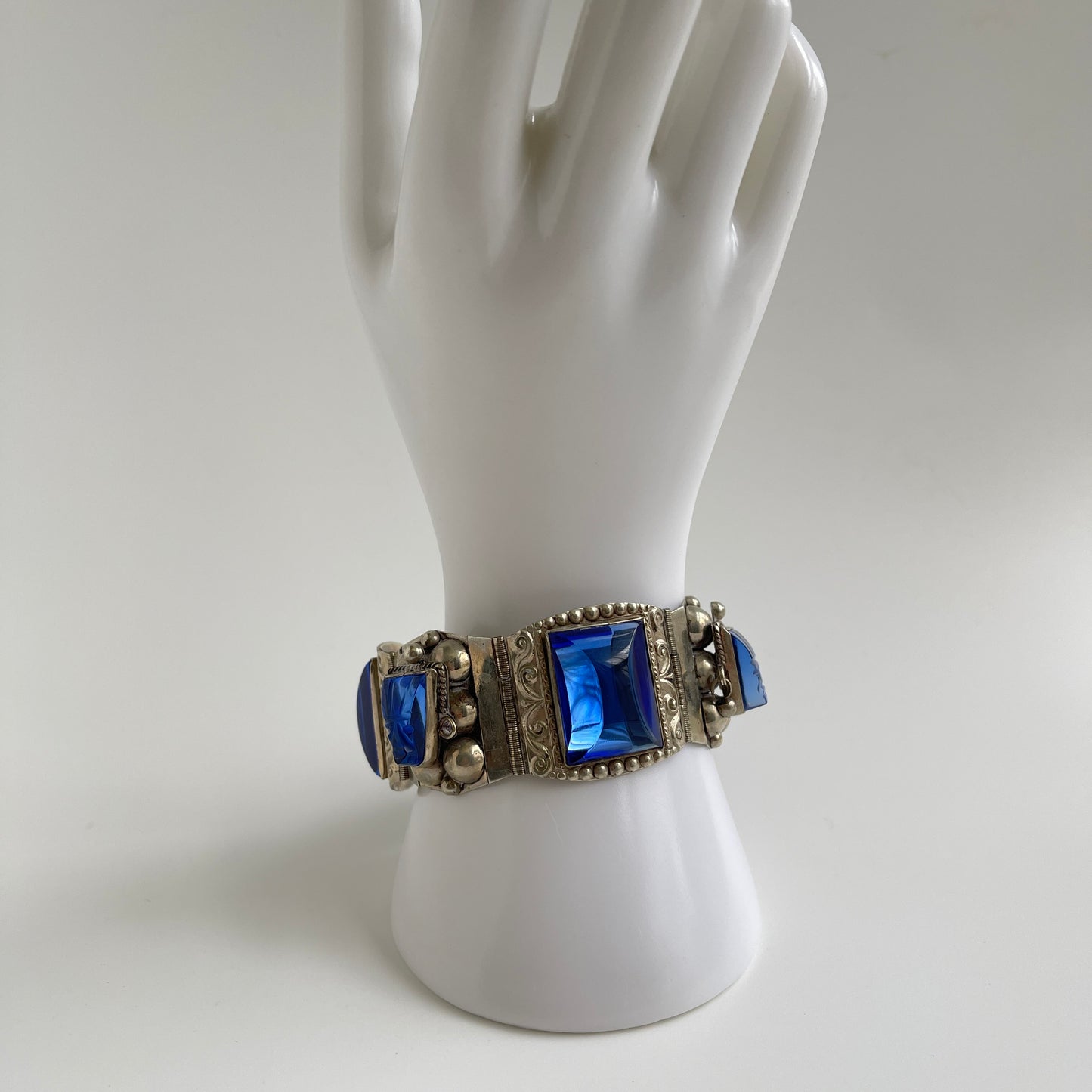 Vintage Mexico Sterling and Blue Glass Panel Bracelet