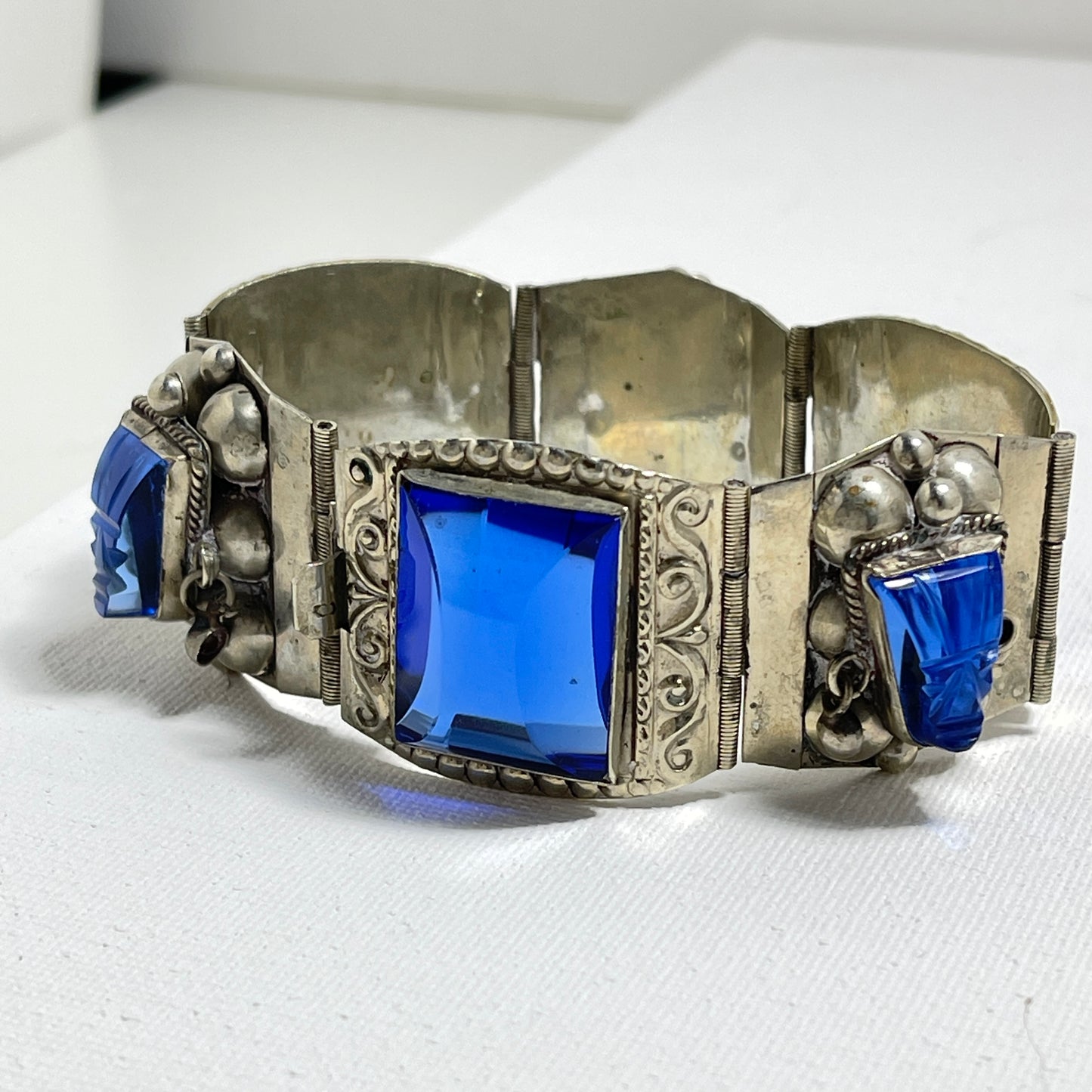 Vintage Mexico Sterling and Blue Glass Panel Bracelet