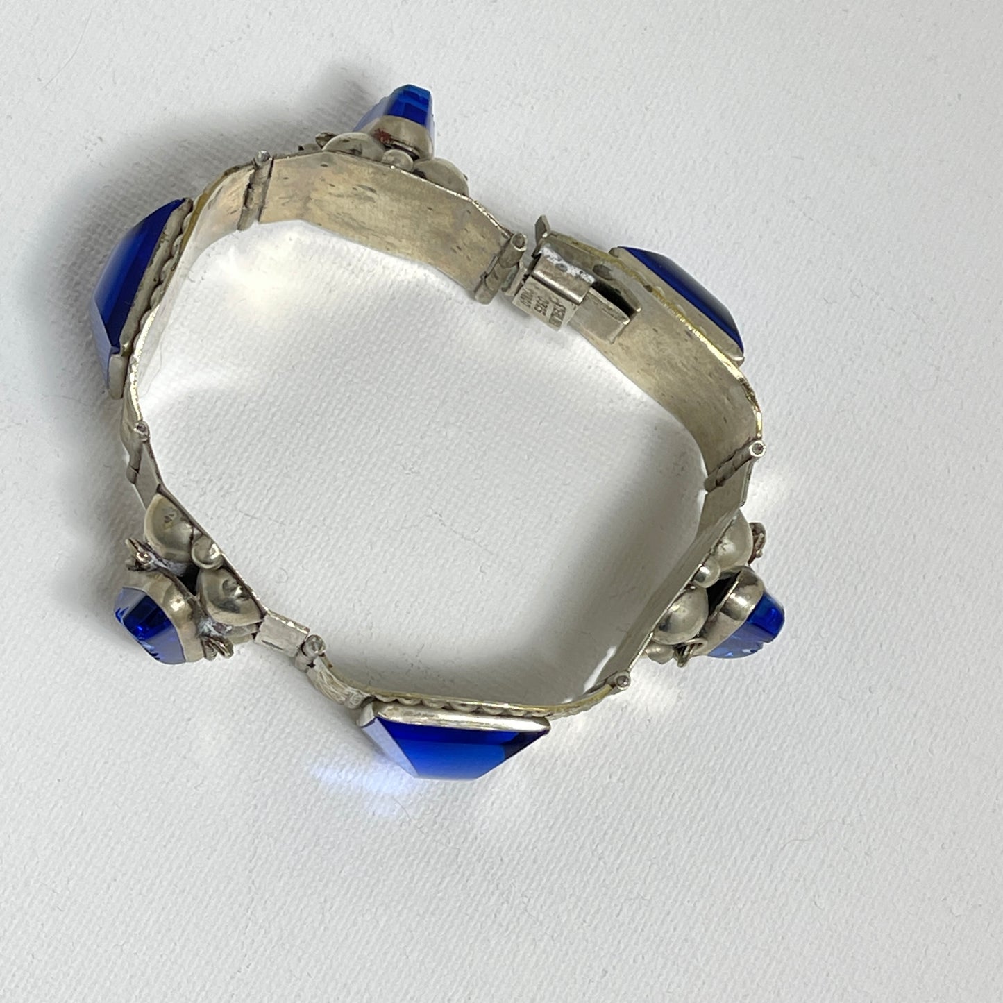 Vintage Mexico Sterling and Blue Glass Panel Bracelet