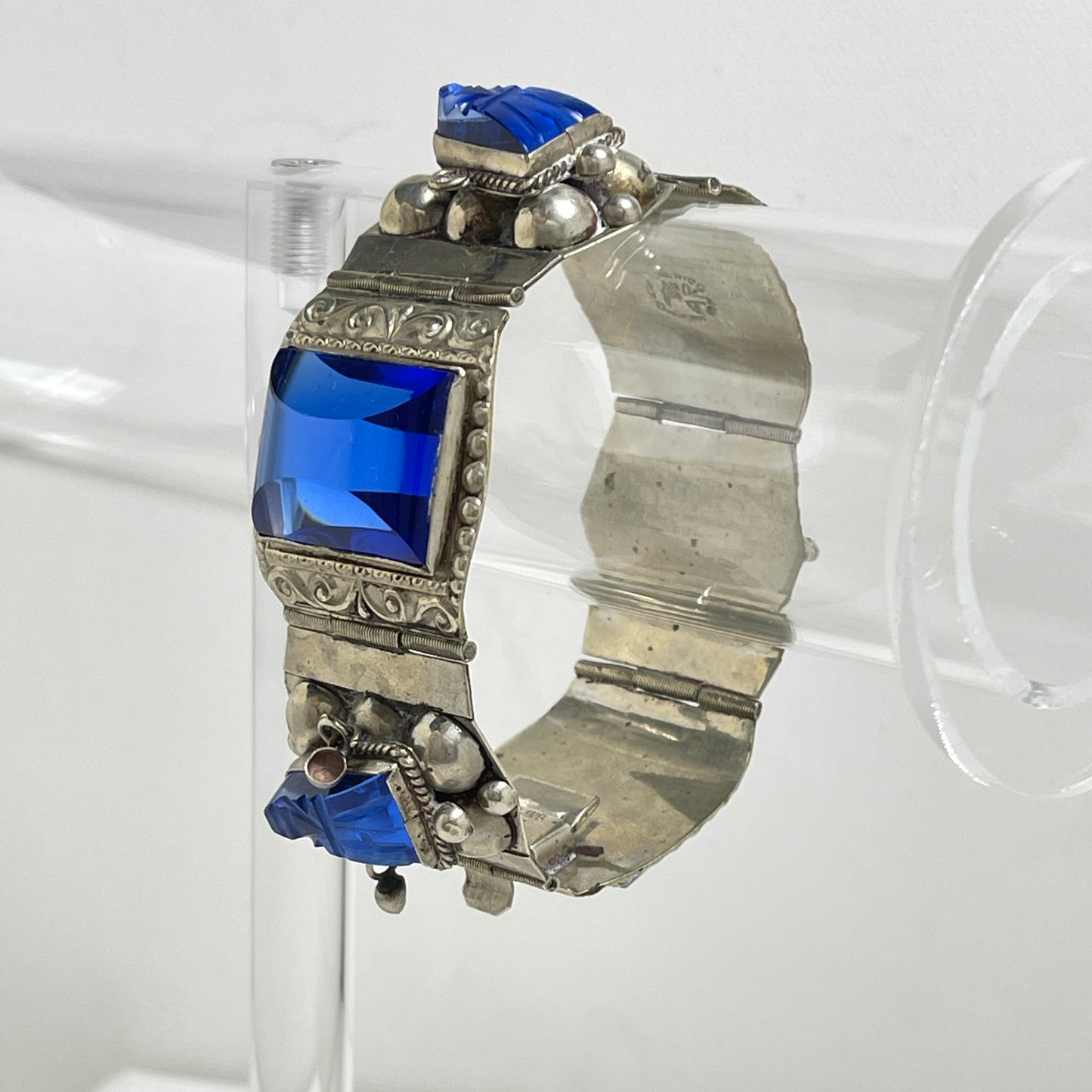 Vintage Mexico Sterling and Blue Glass Panel Bracelet