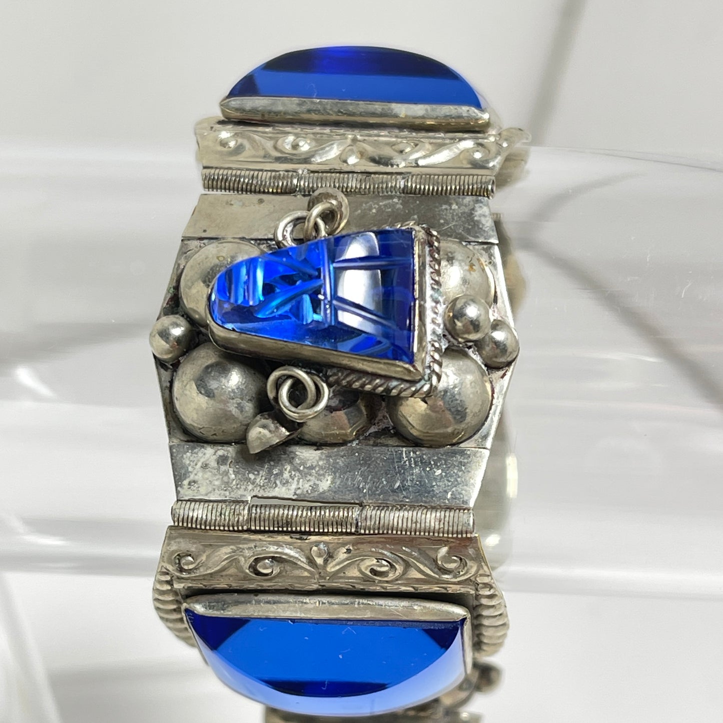 Vintage Mexico Sterling and Blue Glass Panel Bracelet
