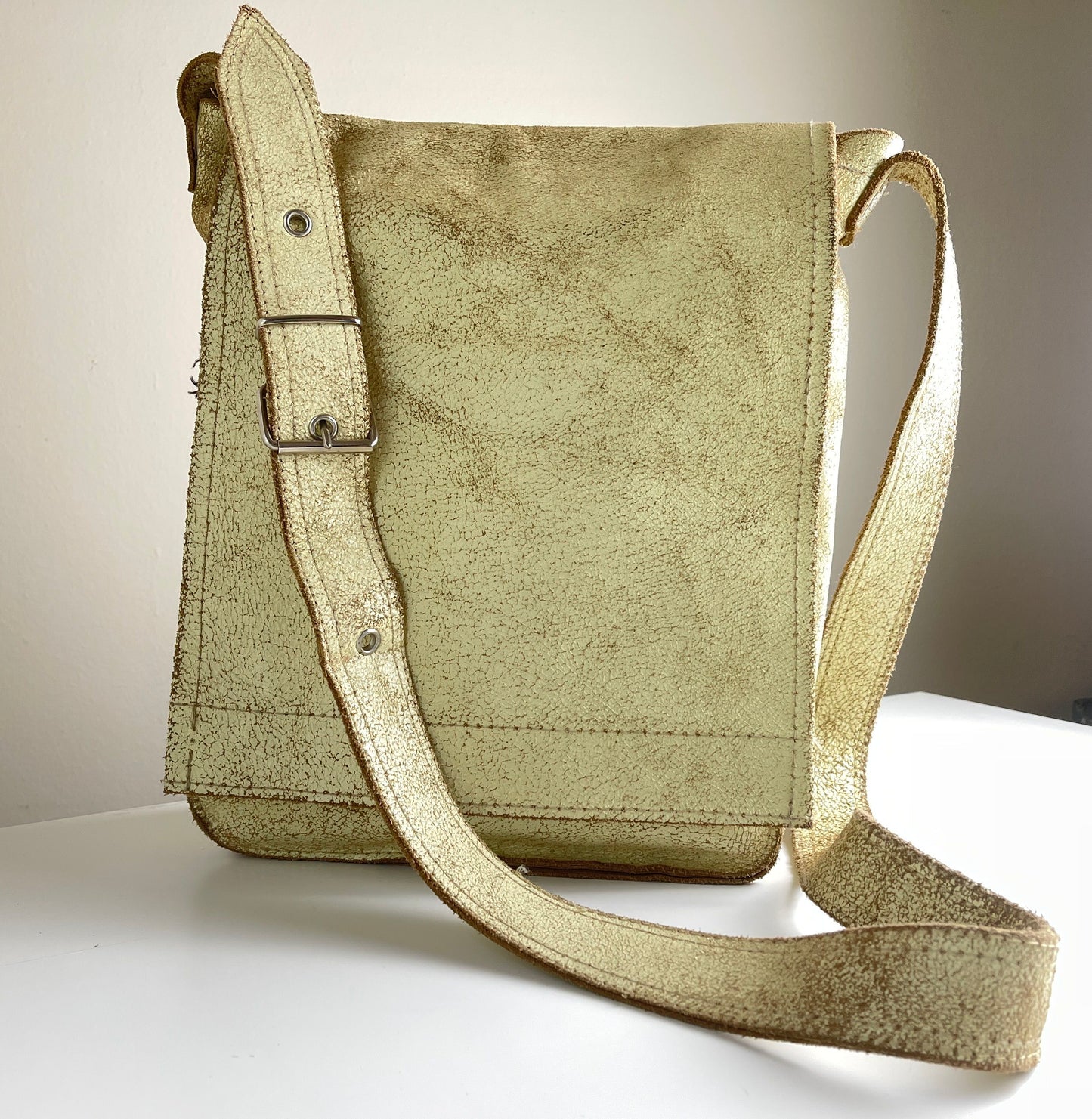 Minimalist Messenger Bag in Pale Yellow Distressed Leather