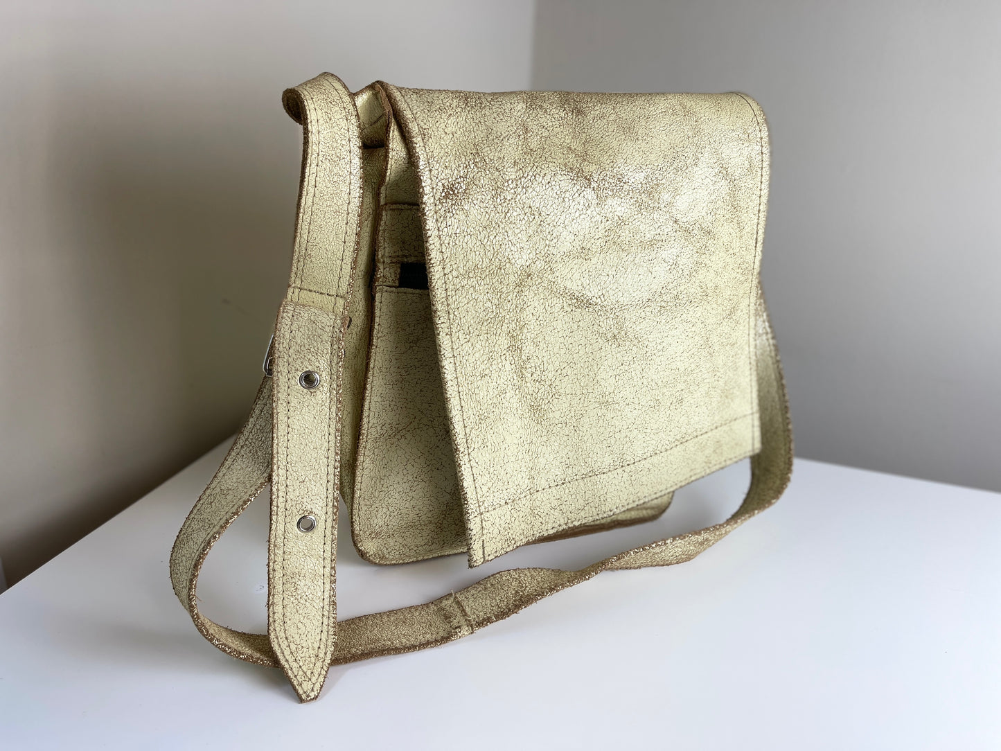 Minimalist Messenger Bag in Pale Yellow Distressed Leather