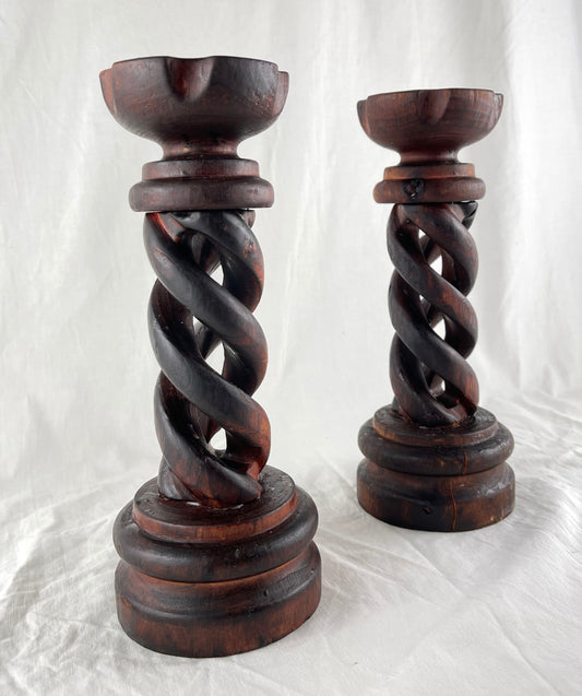 Vintage twisted wooden candle holders