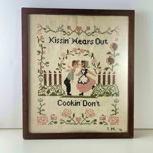 Vintage Needlepoint Sampler: "Kissin' Wears Out"