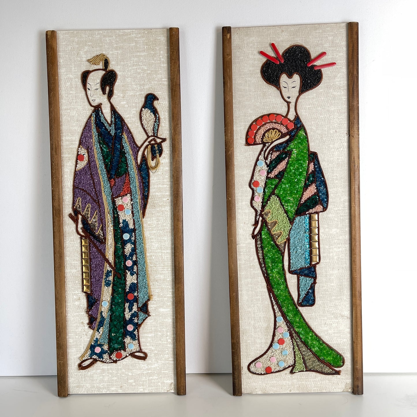 Stylized Japanese Man and Woman Mosaic Art Panels