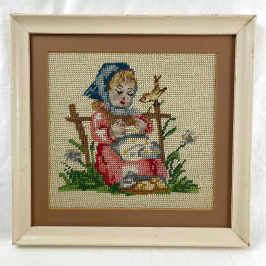 Vintage Hummel Cross-Stich Kit, Little Girl on Wood Fence