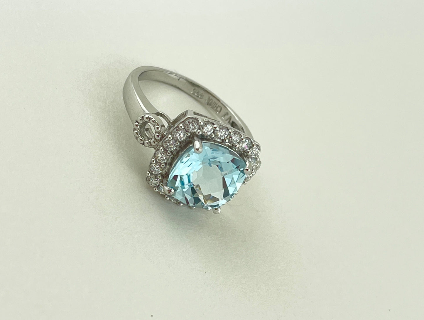 Blue Topaz with CZ Sterling Silver Ring Size 7 3/4