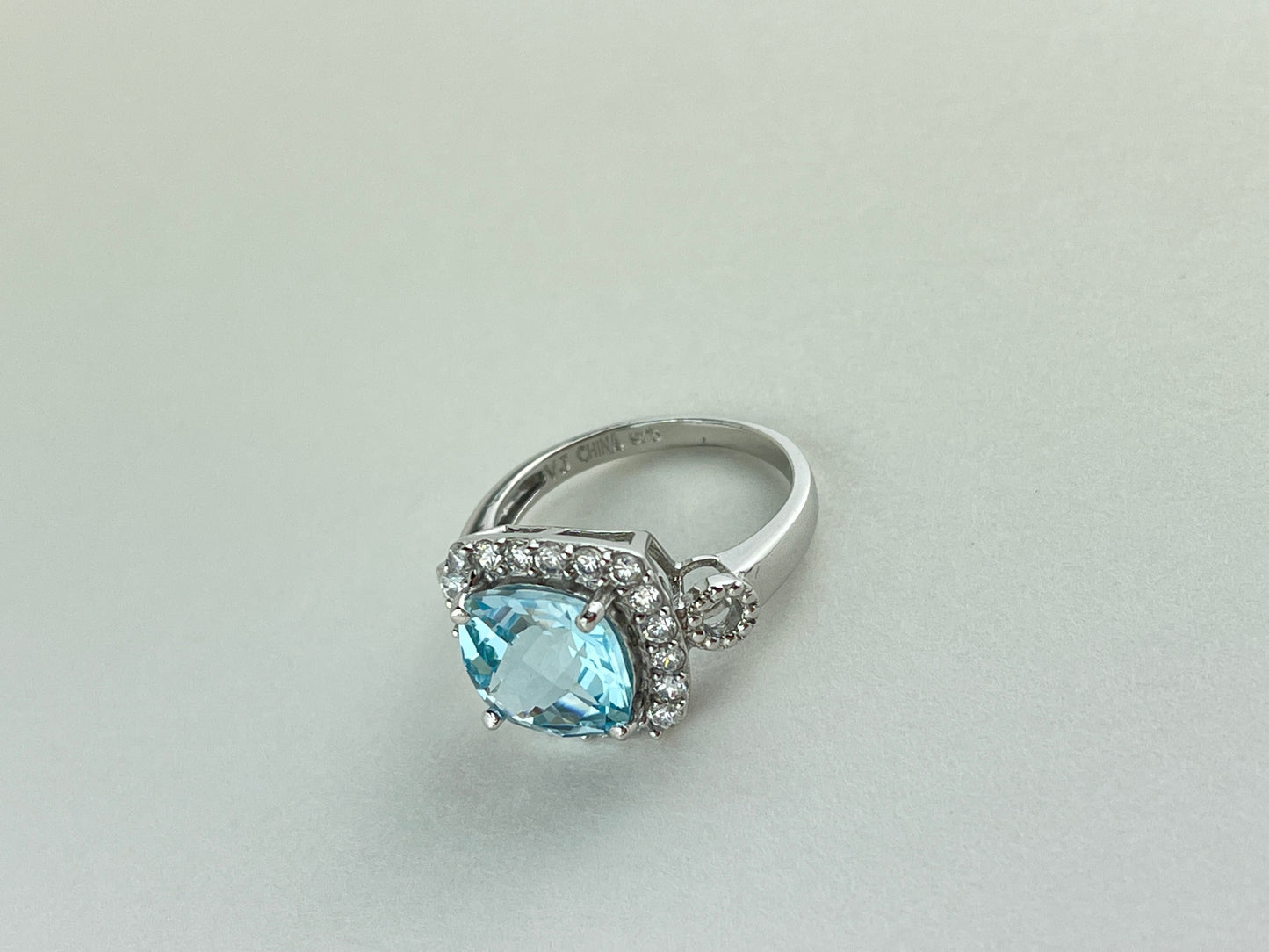 Blue Topaz with CZ Sterling Silver Ring Size 7 3/4